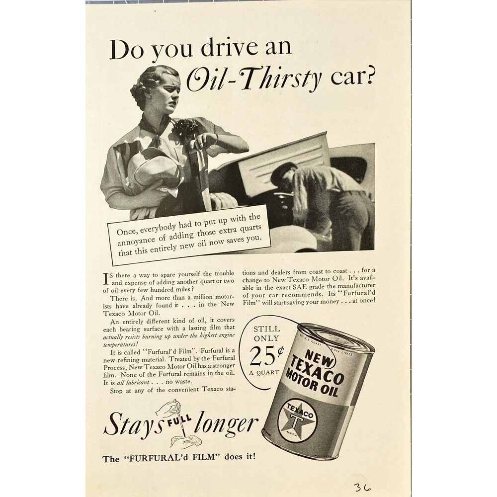Texaco "Stays Full Longer-The Furfural'd Film does it" Vintage Print Ad 1936